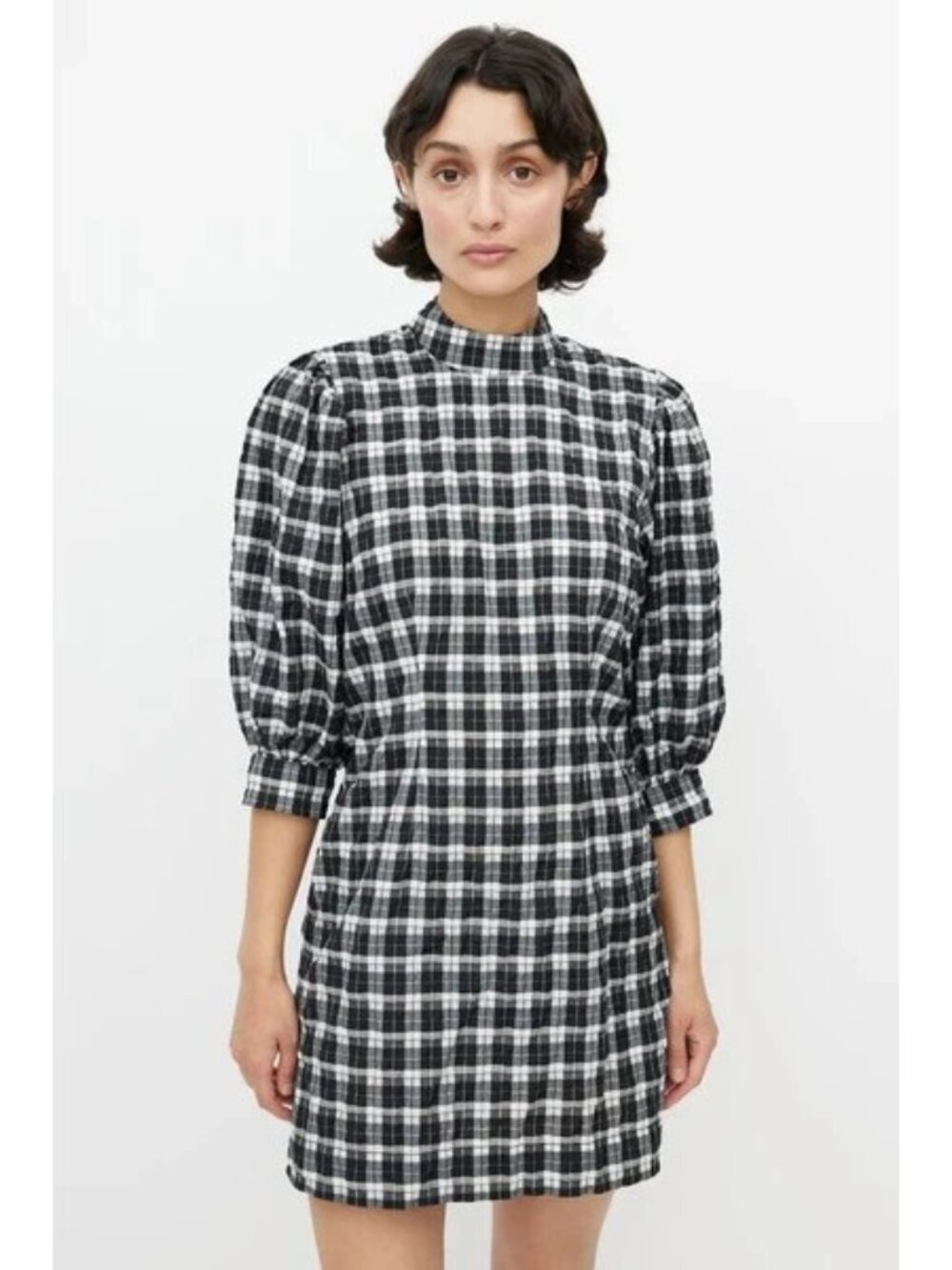 Ganni Black & White Shimmer Plaid High Neck Balloon Sleeve Mini Dress, Sz44 | 14